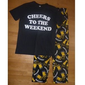 Mens Cheers to the Weekend Beer Mugs Pajamas Tee & Flannel Pants Size MED  NWT
